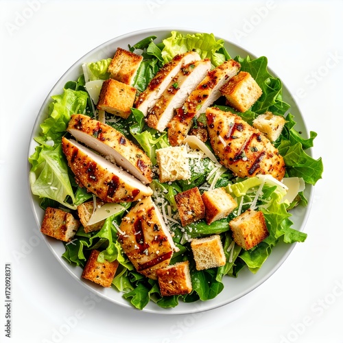Elevated view showcasing a flavorful chicken caesar salad on a white background