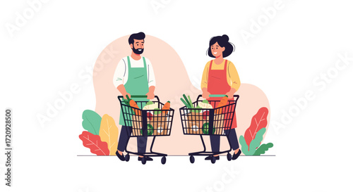 Couples shopping together for groceries in a supermarket with full shopping carts.