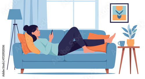 A woman relaxes on a couch while looking at her phone and browsing the internet.
