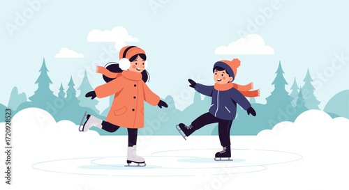 Two children joyfully ice skating together on a snowy day.