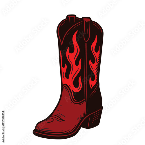 Vector design showcasing cowboy boots in earthy brown, highlighted by artistic red flame accents, perfect for cultural illustrations, apparel graphics, or western-inspired art.