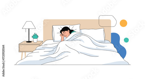 A person is sleeping peacefully under a white blanket on a bed with a nightstand and a lamp next to it.