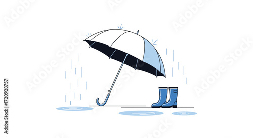 An umbrella and a pair of boots sit outside in the rain creating puddles on the ground.