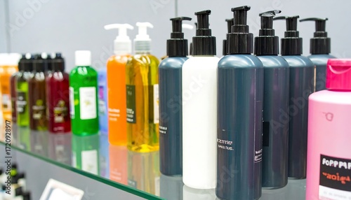 Colorful bottles of liquid soap and lotion on a glass shelf