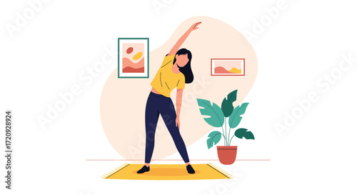 A woman is doing a side bend exercise on a mat in her home.