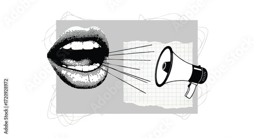 A stylized black and white illustration of a mouth shouting into a megaphone, symbolizing protest and communication.