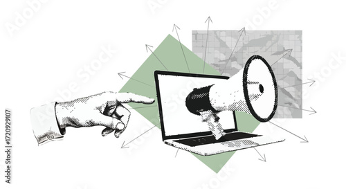 Dynamic digital marketing concept a hand points to a laptop screen projecting a megaphone broadcasting messages to reach a wider audience for business growth