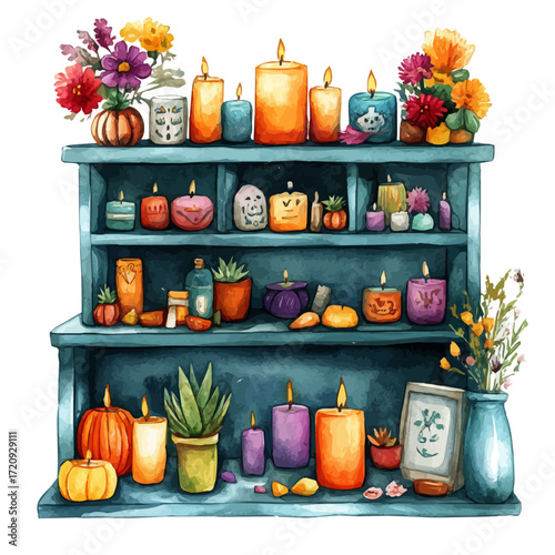 watercolor vector of Mexican Colorful Altars, isolated on a white background.