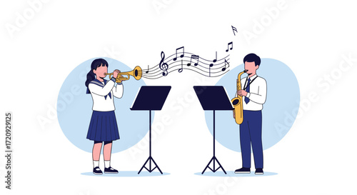Two students play musical instruments together in an outdoor setting.
