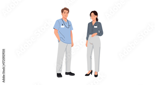 Two healthcare professionals stand side by side in their scrubs and uniforms on a white background.