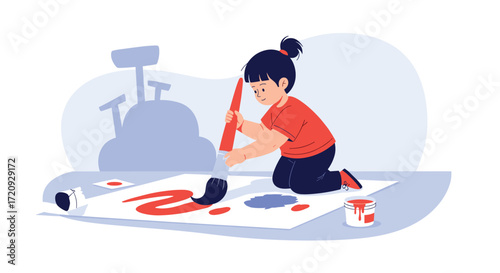 A young girl enthusiastically paints a large canvas with a big brush.