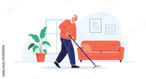 An elderly man is cleaning the floor with a mop in his living room.