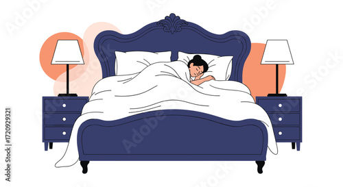A person sleeping soundly in a comfortable bed with bedside lamps on.