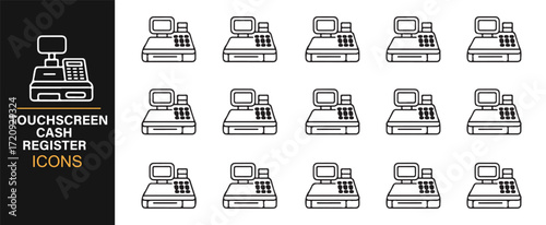 Editable stroke touchscreen cash register icons set vector POS machine pack