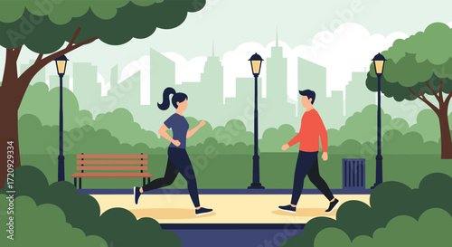 People enjoying a leisurely walk and a brisk run through a serene city park on a clear day.
