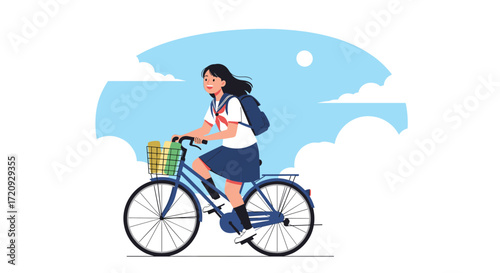 A young student happily rides her bicycle to school under a bright sunny sky.