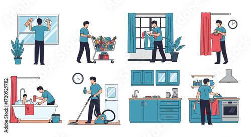 Detailed illustrations of a person performing various household cleaning tasks.