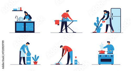 A collection of people performing various household chores and domestic tasks.