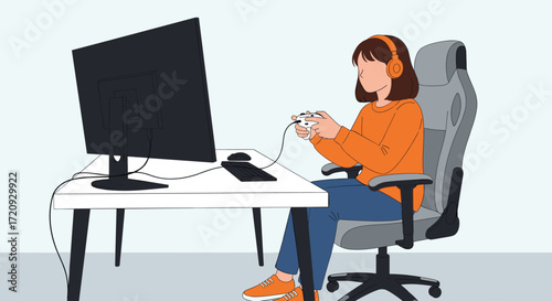 A young woman wearing headphones is playing a video game at her desk with a large monitor.