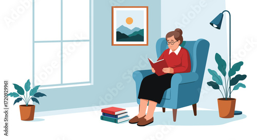 A woman is sitting in a cozy armchair reading a book.