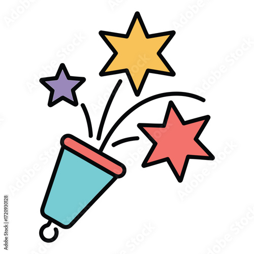 Illustration of a party popper with stars the stars are yellow, red, and purple, and the popper is blue celebration concept