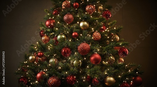 Classic decorated Christmas tree radiant with lights copper red and green baubles plain background