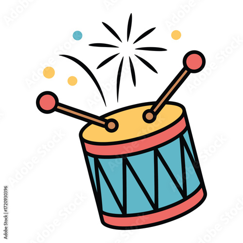 Illustration of a drum with drumsticks and fireworks, , perfect for adding a festive touch to any project or design
