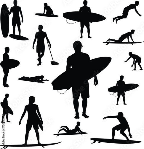 Surfing silhouette set, surfboard poses, paddleboarding, beach activity, water sport, black vector icons, surf culture, flat vector illustration