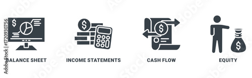 Financial statement icon set vector concept with icon of balance sheet, income statement, cash flow and equity 