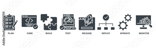 DevOps icon set vector concept with icon of plan, code, build, test, release, deploy, operate, monitor 