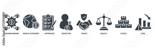 IPO (Initial Public Offering) icon set vector concept with icon of crowdfunding, public company, approved, investor, trust, equity, stock, risk 