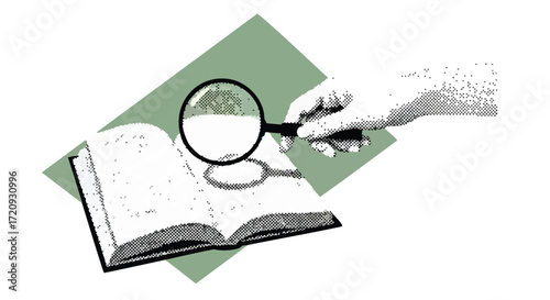 A hand holding a magnifying glass to examine the text in an open book, symbolizing research and discovery.