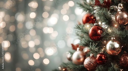 Bright shimmering Christmas tree decorated with glowing lights copper red and green ornaments simple backdrop