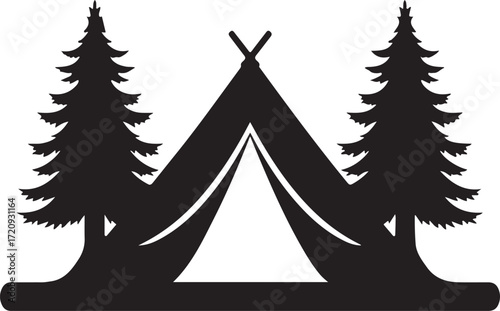 Camping tent silhouette with pine trees