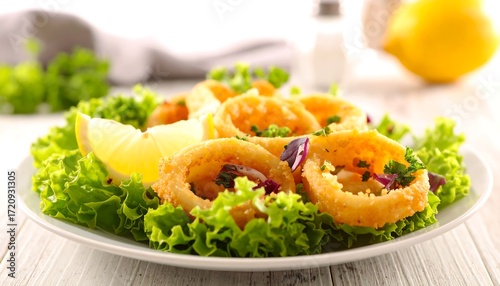 Crispy fried squid rings on fresh lettuce with lemon