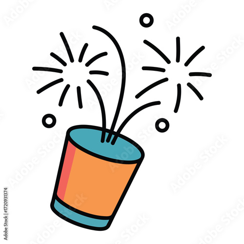 A playful handdrawn illustration of a party popper with fireworks exploding, , perfect for adding a burst of excitement to any design