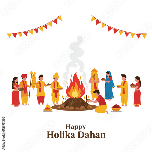 Happy holika dahan celebration with bonfire and festive figures. Perfect for cultural event promotions, festive advertisements, and holidaythemed designs.
