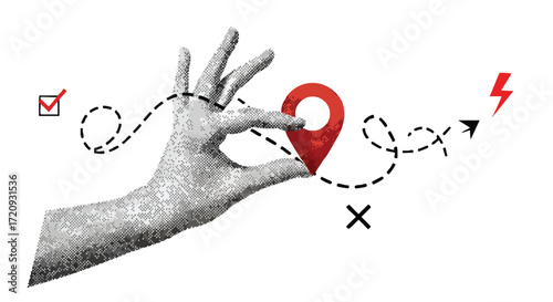 A textured hand holds a red location pin, illustrating a journey or strategic path with dotted lines and various symbols like a checkmark, cross, and lightning bolt.