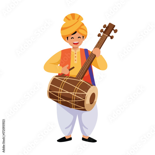 Smiling man plays unique indian stringed drum in traditional clothes. Suitable for cultural and musicthemed designs, indian festivals promotions.