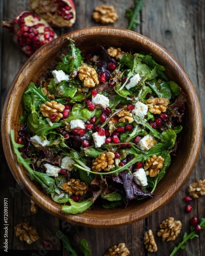 Close-up of mixed greens salad with goat cheese, walnuts, and pomegranate seeds on a dark wood table