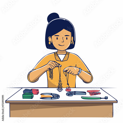 Young woman meticulously crafting delicate jewelry at her workbench.