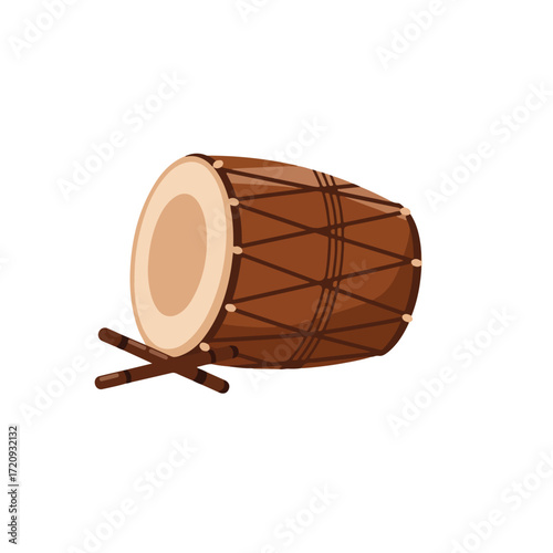 Traditional indian dhol drum with two wooden sticks, suitable for music, culture, traditional events, indian themes, percussion instrument concepts.