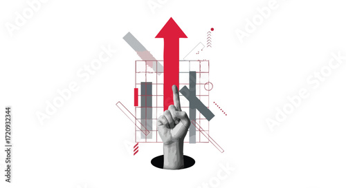 A hand emerges from a hole, pointing upwards with a red arrow indicating growth and success.
