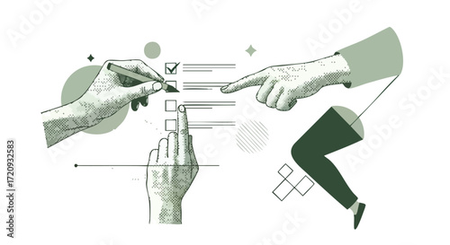 Illustration of hands interacting with a checklist, symbolizing decision-making and task management.
