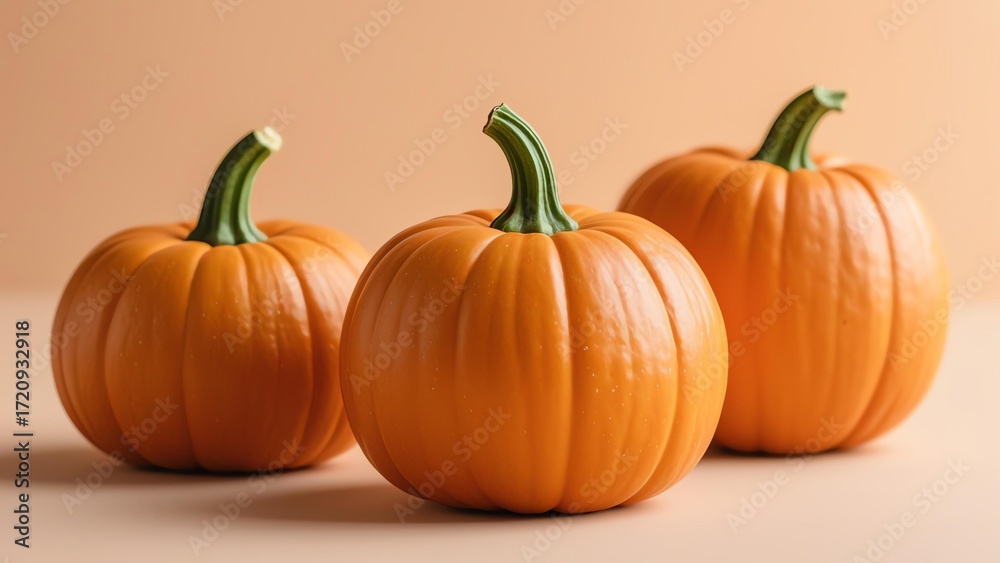Fototapeta premium Three realistic pumpkins with green stems, one on a wooden block, against a light orange gradient background with soft shadows and warm tones