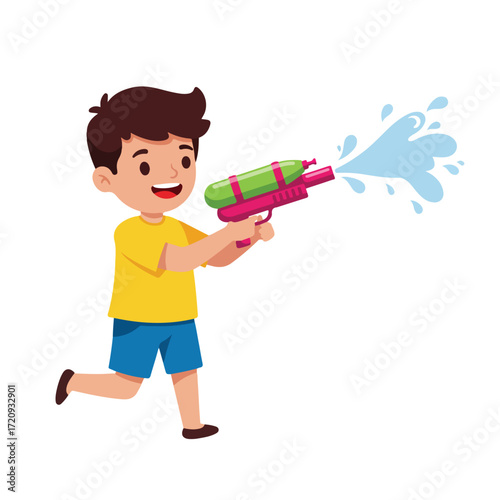 Happy kid playing with a water gun, radiating pure joy. Perfect for summerthemed designs, childrelated content, and outdoor activities.
