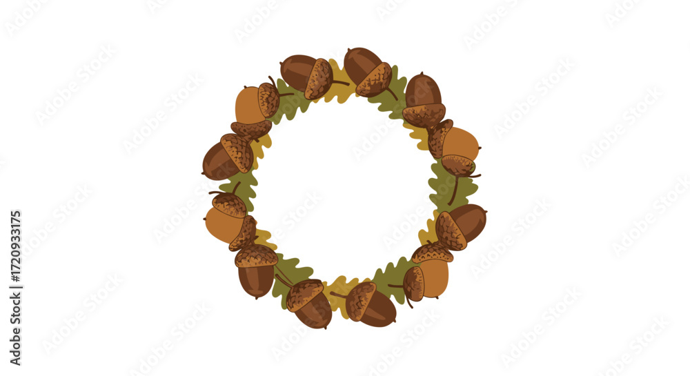 Obraz premium A beautiful circular frame made of acorns and oak leaves with a white background.