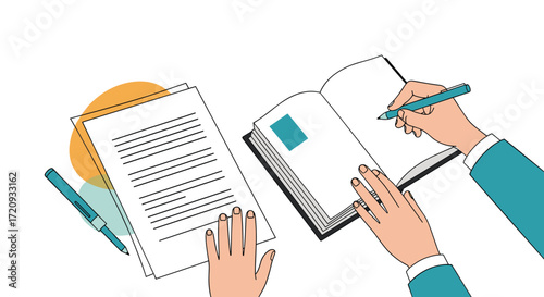 Examining written documents and taking notes during a study session.