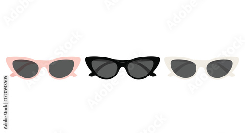 Three pairs of cat eye sunglasses in pink, black, and white.