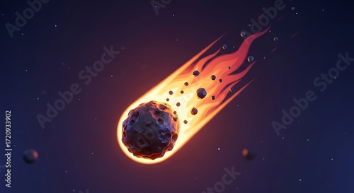 A fiery celestial body hurtles through the dark cosmos, leaving a trail of burning debris.